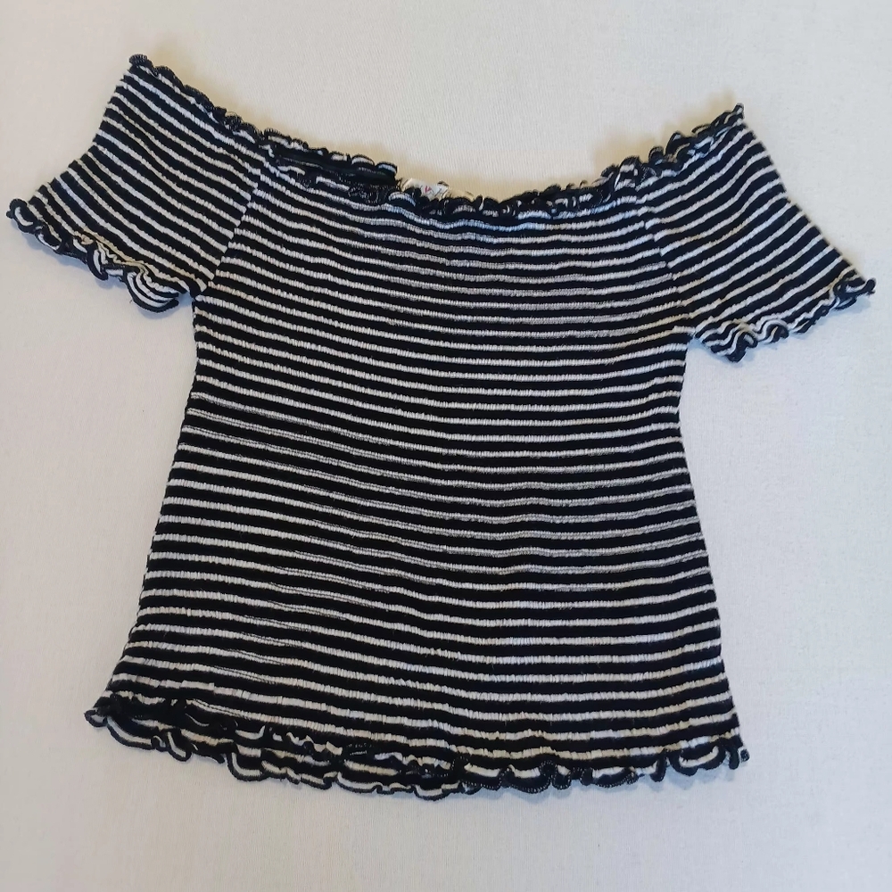 Heart Hips Black & White Striped Off the Shoulder Ruffle Crop Top Size S